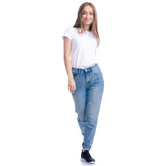 Obraz premium Woman in jeans casual clothing walking goes smiling on white background isolation