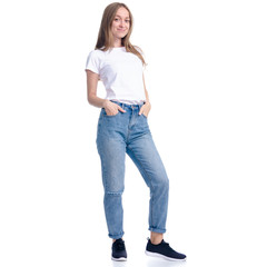 Woman in jeans casual clothing standing smiling on white background isolation