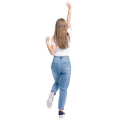 Woman in jeans casual clothing dancing smiling happiness win winner on white background isolation,...