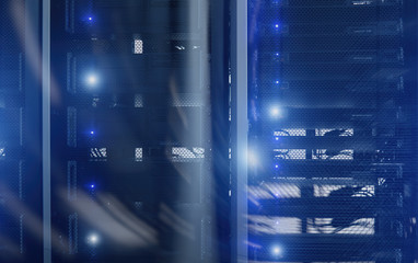 Blue server rack. Double Exposure Technology Concept.