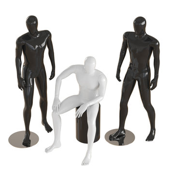 One white faceless mannequin guy sits on a black box and two black mannequin guys stand on each side. View from above. 3D rendering