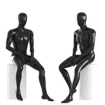 Two faceless mannequin guys are sitting on a white round stool. 3d rendering