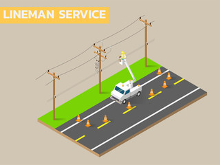 Linemen repairing electricity distribution lines that supply power to homes. Use aerial device and rubber gloves when working.