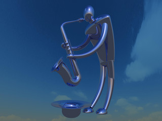 Saxophone musician metal sculpture 3D illustration. Sky background. Collection.