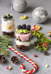 Obraz na płótnie Canvas Layered dessert with ricotta or cream cheese, chocolate and vanilla cookies and blackberries in mason jars. New year tree branches, grey background. Christmas and New year food background.