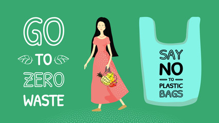 Banner say no to plastic bags, go to wasteless. Asian girl with long black hair in a long pink dress with a string bag with fruit. Vector illustration