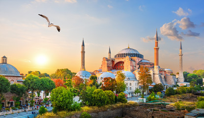 Famous Hagia Sophia in the evening sun rays, Istanbul, Turkey - obrazy, fototapety, plakaty