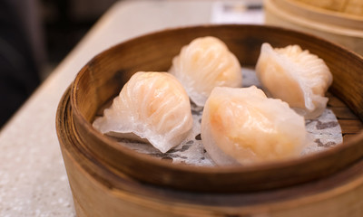 Close up of shrimp dumplings, Hong Kong　香港の点心 海老餃子