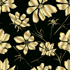 Vector Cosmos floral botanical flowers. Black and white engraved ink art. Seamless background pattern. - 289900180