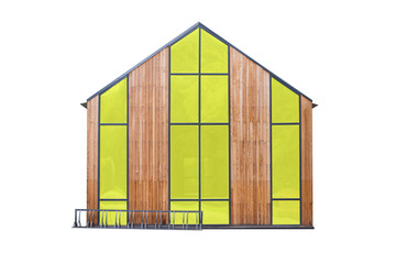 small wooden house isolated with large yellow windows on white background