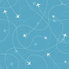 Aircraft destinations with planes icons on blue background. Abstract seamless pattern. Vector  illustration.