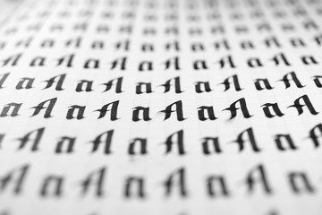 Calligraphy black and white letters A background. Lettering practice writing worksheet. Handwriting...