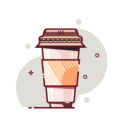 Big paper disposable cup of hot coffee. Flat cartoon style. Isolated fast food drink icon for poster, web design, banner, logo or badge. Colorful vector illustration.
