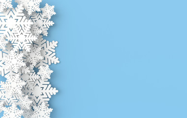 Christmas background with white snowflakes. Winter decoration. Xmas and new year paper art style greeting card, 3d render illustration on blue background.