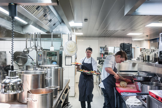 Two chefs preparing and serving high quality food while working in the kitchen of a restaurant