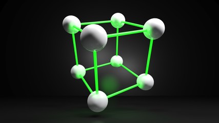 Cubic structure with white spheres connected by green light connections - 3D rendering illustration