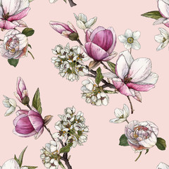 Floral seamless pattern with watercolor  magnolia, cherry blossom and peonies. - 289902583