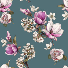 Floral seamless pattern with watercolor  magnolia, cherry blossom and peonies.