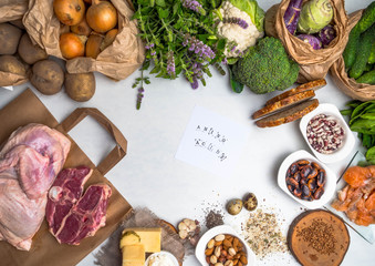 Super food rich in amino acids, for body builders with lean meat, dairy products, spinach, mint,...