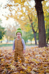 cute happy little boy throwing the fallen leaves up, playing in the autumn park with pumpkin