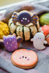 Beautiful cute gingerbread cookies for Halloween and fresh pumpkin
