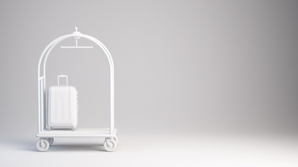 White Hotel Luggage Trolley with suitcese on white background. 3d rendering - obrazy, fototapety, plakaty