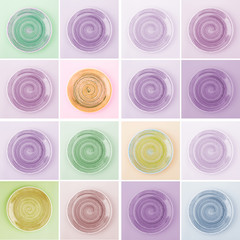 Collage from different colored round ceramic plates with spiral pattern