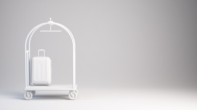 White Hotel Luggage Trolley With Suitcese On White Background. 3d Rendering