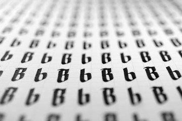 Calligraphy black and white letters B background. Lettering practice writing worksheet. Handwriting...