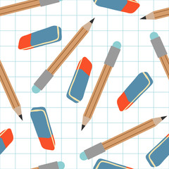 Vector seamless pattern of pencils and erasers on the background of a notebook sheet