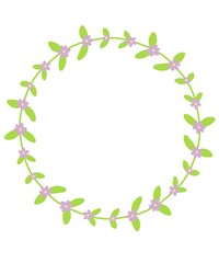 Circle frame with flowers and leaves isolated on white background. Flat design. Botanical illustration.