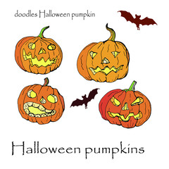 set of Halloween pumpkins and bats, vector-isolated contour images  on white and color background, doodles 