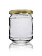 Empty glass jar closed with metal lid on white background with reflection