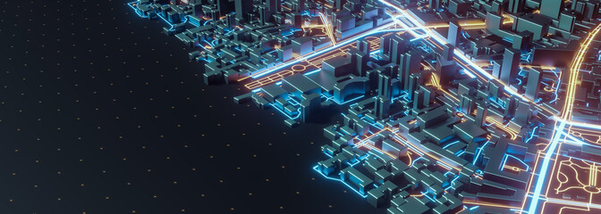 Abstract 3d render of techno panorama landscape city. Urban and futuristic visual technology concepts