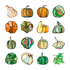 Set of 16 colorful abstract decorative flat icons of orange and green  pumpkins. Thanksgiving fall harvest icon set. Hand drawn. 