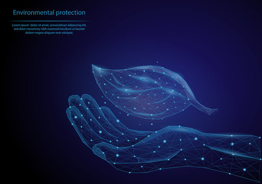 Abstract image hand with a leaf in the form of a starry sky or space, consisting of points, lines, and shapes in the form of planets. Low poly vector background.