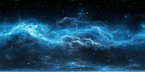 Fototapeta premium Tło kosmiczne 360 stopni z mgławicą i gwiazdami, projekcja równokątna, mapa środowiska. Panorama sferyczna HDRI.