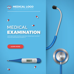 Medical Examination card. Healthcare banner with medical tools and logo on blue background. Good for medicine, health, cross and decoration for poster, social media, web, cover. Vector illustration
