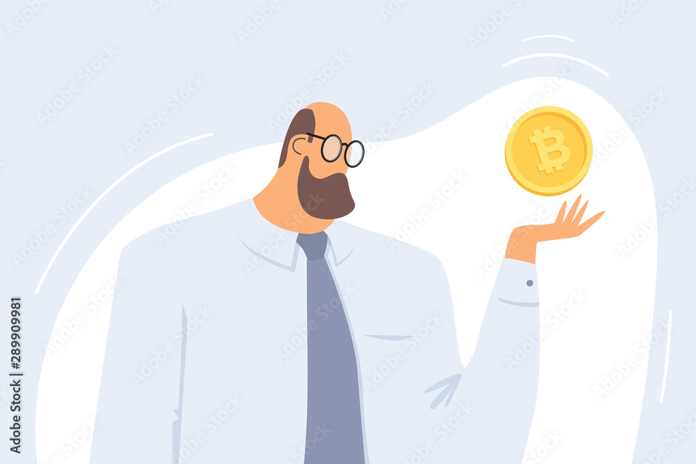 Sticker concept of investing in cryptocurrency and blockchain. a man holds a bitcoin symbol over his hand. i