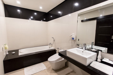 Luxury bathroom with shower, sink, mirror, and toilet in modern home