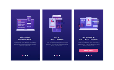 Bundle of vertical web banner templates. Smartphone and laptop with interface elements. Concept of development a mobile UI/UX interface. Mobile app. Flat Design Oneboarding Concepts.