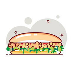 Big sandwich with tomato paste, chicken cutlet and salad. Flat cartoon style. Isolated fast food icon for poster, web design, banner, logo or badge. Colorful vector illustration.
