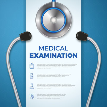 Healthcare banner template with stethoscope and flat icons on blue background. Good for medical, medicine, health, cross and poster, social media posts, web, cover. Vector illustration