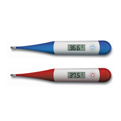Realistic 3d electronic medical thermometer, measuring set. Design template of digital thermometer showing temperature. Isolated vector illustration