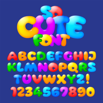 Cute plump alphabet. Vector set of multicolored and cheerful cartoon letters and numbers.