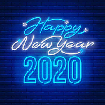 Happy New Year 2020 text written by neon. Unusual and bright inscription. Brick wall on background. Vector illustration. 