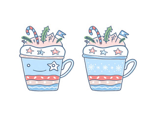 New Year illustration. Cute decorative cup with a candy, flags, Christmas tree. Kawaii style. Hand drawing, sketch, print for american textile designs, flyers, invitations and posters, USA.