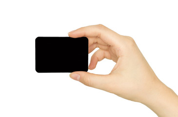 Close up of woman's hand holding blank black card