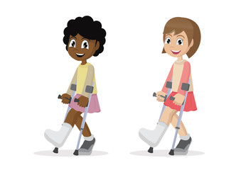 Girl with broken leg on white background.