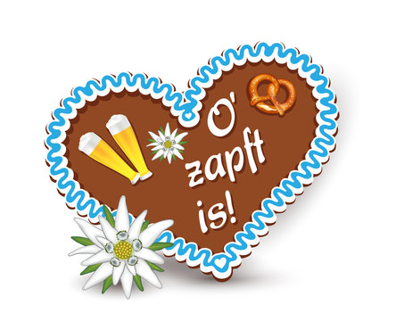 Oktoberfest Lebkuchenherz mit Edelweiss, Herz aus Lebkuchen mit „O’ zapft is“ Text in deutsch geschmückt mit Brezel und Bier, Vektor Illustration isoliert auf weißem Hintergrund 